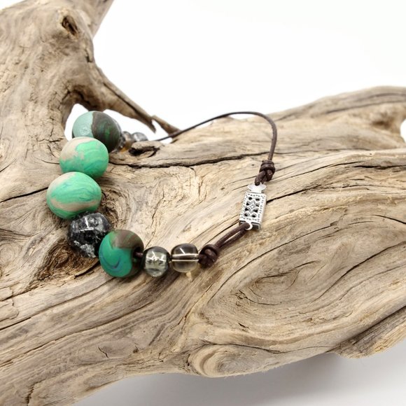 Turquoise Marbled Big Bead Bracelet with Handmade Beads - Picture 5 of 6